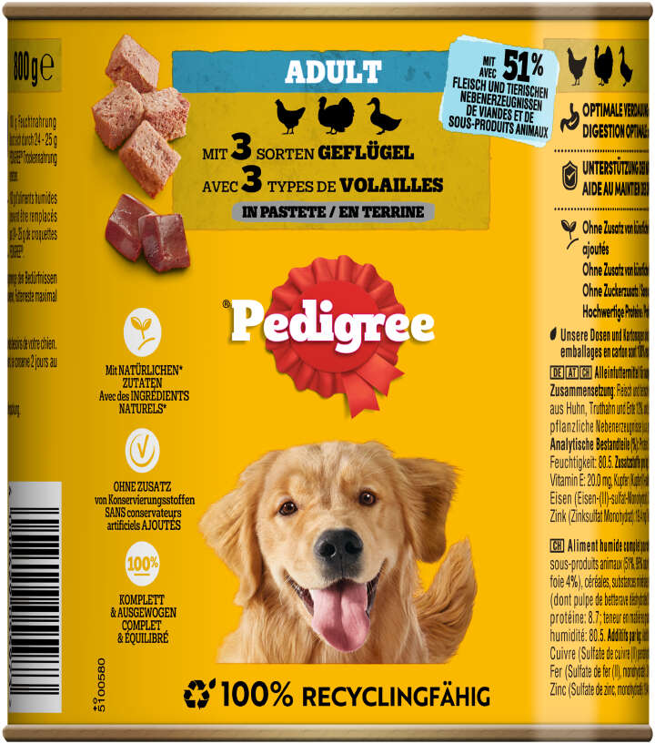 Pedigree Hunde-Nassfutter Adult mit 3 Sorten Geflügel in Pastete